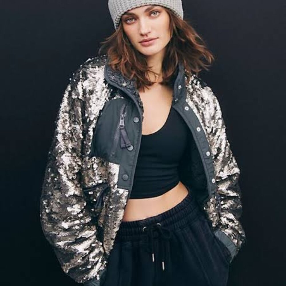 FREE POEPLE Hit The Slopes shadow combow Sequin Classic Jacket S‎ nwt graphite